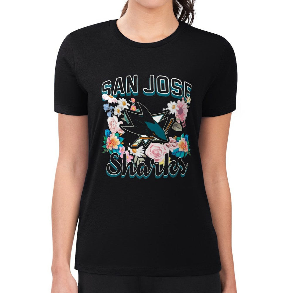 San Jose Sharks G-III 4Her by Carl Banks Women's Super-Slim Fit Lightweight Flower Logo T-Shirt - Black | US 201906309