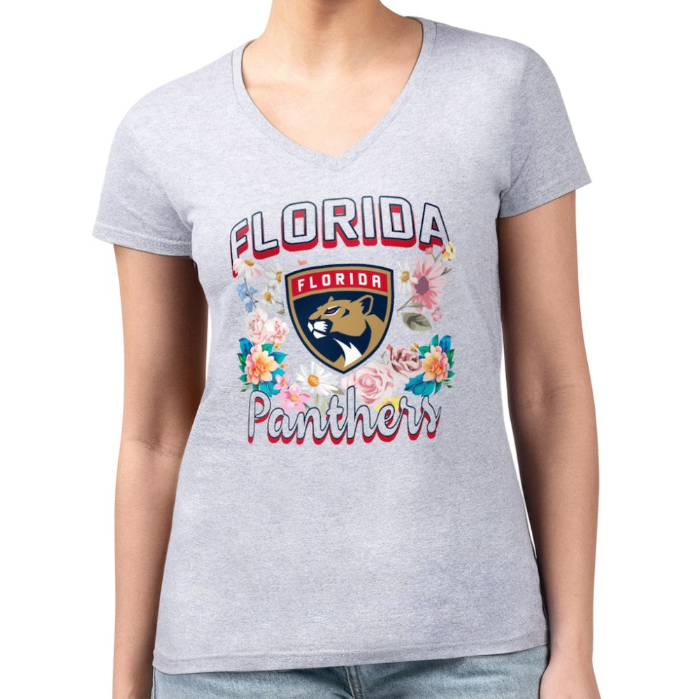Florida Panthers G-III 4Her by Carl Banks Women's Super-Slim Fit Lightweight Flower Logo V-Neck T-Shirt - Heather Gray | US 201906318