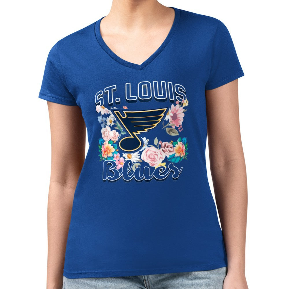 St. Louis Blues G-III 4Her by Carl Banks Women's Super-Slim Fit Lightweight Flower Logo V-Neck T-Shirt - Blue | US 201906337