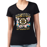 Boston Bruins G-III 4Her by Carl Banks Women's Super-Slim Fit Lightweight Flower Logo V-Neck T-Shirt - Black | US 201906339