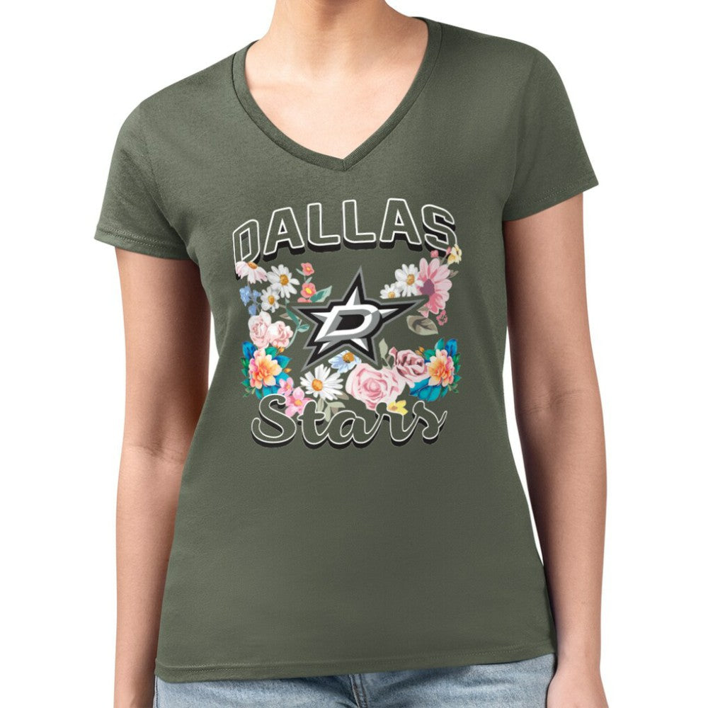 Dallas Stars G-III 4Her by Carl Banks Women's Super-Slim Fit Lightweight Flower Logo V-Neck T-Shirt - Green | US 201906341