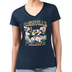 Nashville Predators G-III 4Her by Carl Banks Women's Super-Slim Fit Lightweight Flower Logo V-Neck T-Shirt - Navy | US 201906350