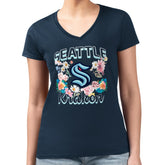 Seattle Kraken G-III 4Her by Carl Banks Women's Super-Slim Fit Lightweight Flower Logo V-Neck T-Shirt - Navy | US 201906351