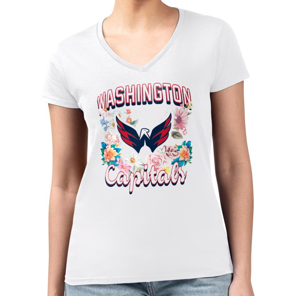 Washington Capitals G-III 4Her by Carl Banks Women's Super-Slim Fit Lightweight Flower Logo V-Neck T-Shirt - White | US 201906395