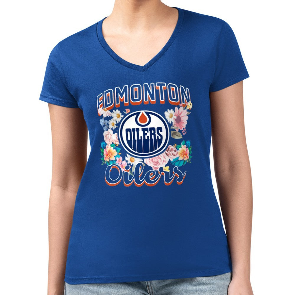 Edmonton Oilers G-III 4Her by Carl Banks Women's Super-Slim Fit Lightweight Flower Logo V-Neck T-Shirt - Royal | US 201906408