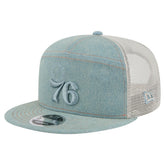 Philadelphia 76ers Adventure Denim Split Panel 9FIFTY Snapback Trucker Hat - New Era