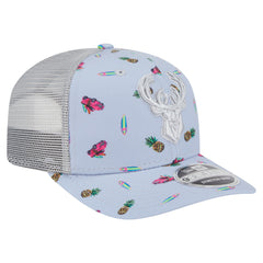 Milwaukee Bucks Adventure Aloha Pattern 9SEVENTY Stretch-Snap Hat Light Blue/Gray - New Era