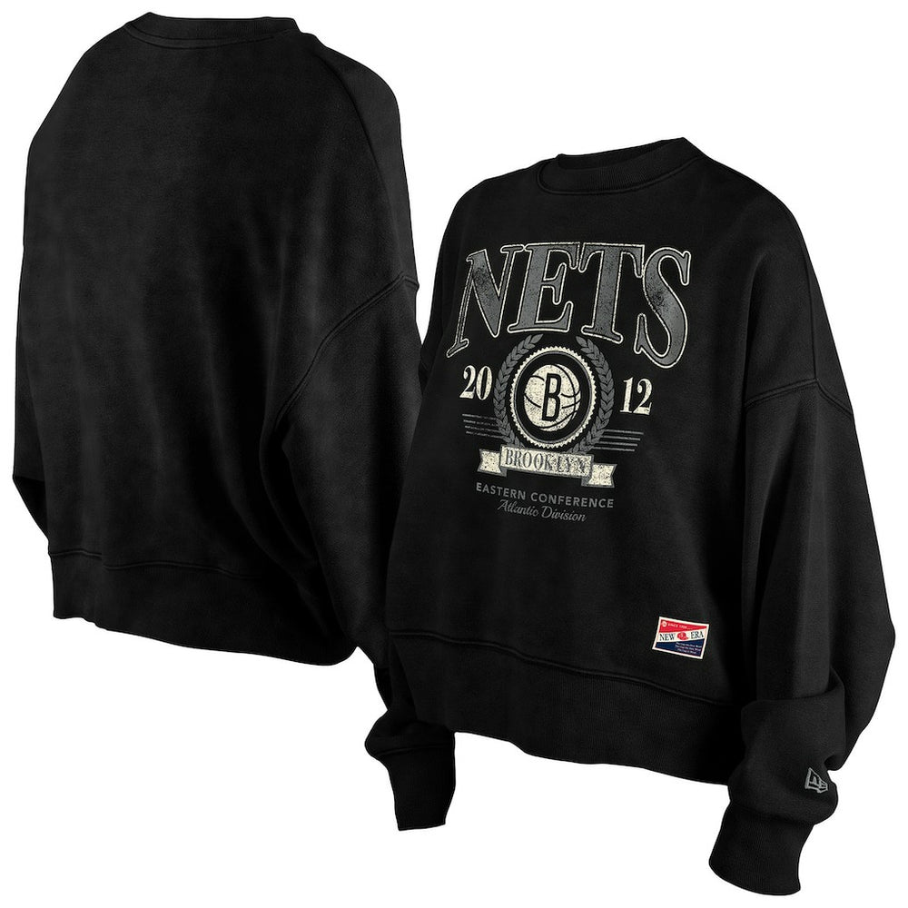 Brooklyn Nets Women's Throwback Vintage Enzyme Wash Oversized Boxy Pullover Sweatshirt Black - New Era