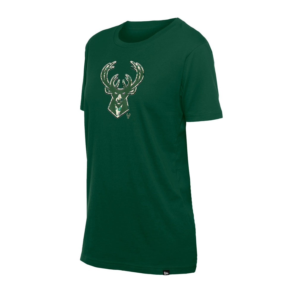 Milwaukee Bucks Women's Glam Game Flower T-Shirt Hunter Green - New Era