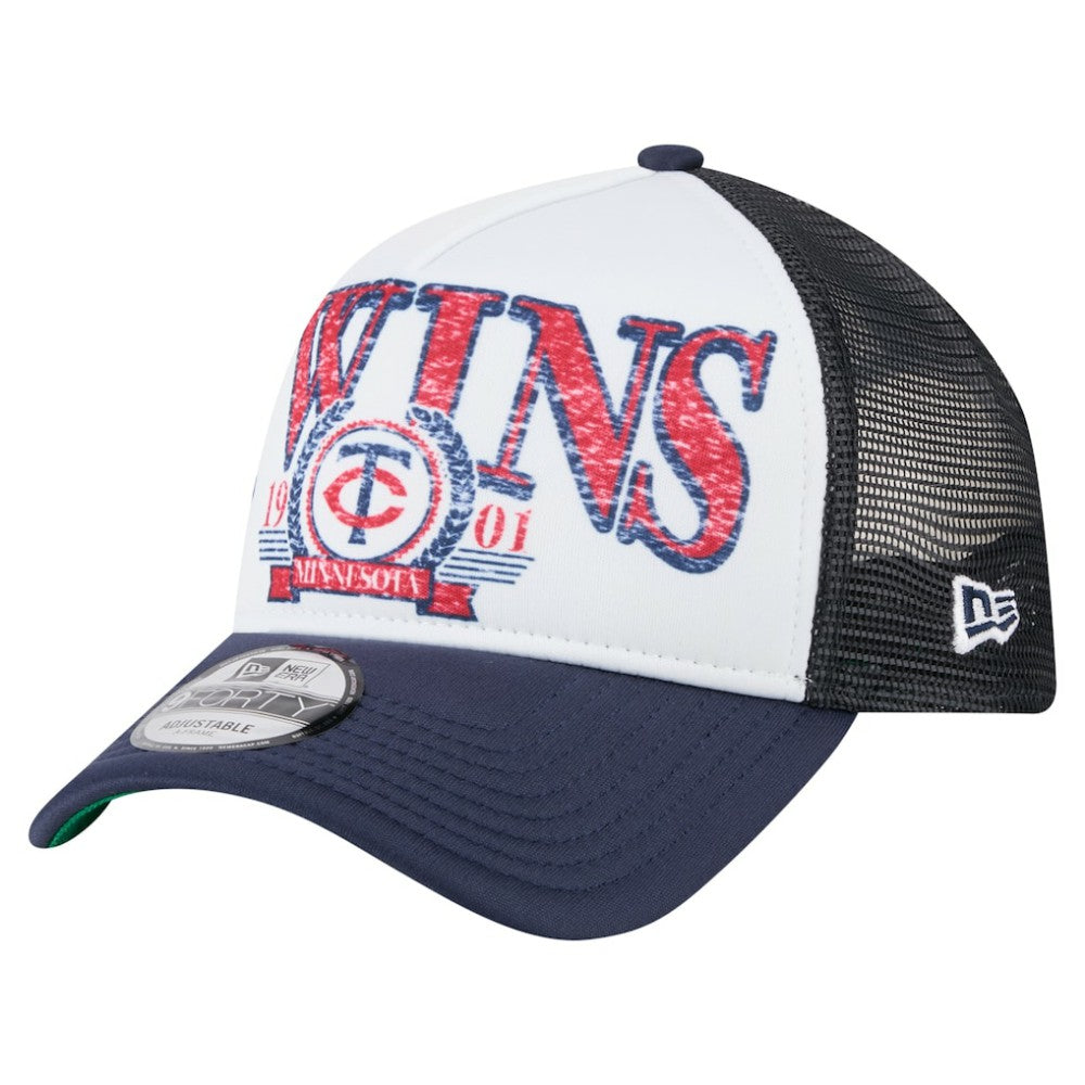 Minnesota Twins New Era Distressed 9FORTY A-Frame Adjustable Trucker Hat - White/Navy Hats