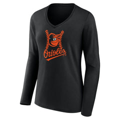 Baltimore Orioles Women's Fastball Long Sleeve V-Neck T-Shirt - Black T-shirts
