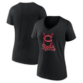 Cincinnati Reds Women's Fastball V-Neck T-Shirt - Black T-shirts