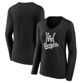 Los Angeles Dodgers Women's Fastball Long Sleeve V-Neck T-Shirt - Black T-shirts