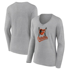 Baltimore Orioles Women's Fastball Long Sleeve V-Neck T-Shirt - Gray T-shirts