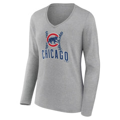 Chicago Cubs Women's Fastball Long Sleeve V-Neck T-Shirt - Gray T-shirts