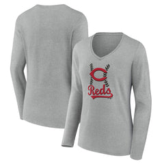 Cincinnati Reds Women's Fastball Long Sleeve V-Neck T-Shirt - Gray T-shirts