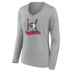 Cleveland Guardians Women's Fastball Long Sleeve V-Neck T-Shirt - Gray T-shirts
