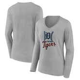 Detroit Tigers Women's Fastball Long Sleeve V-Neck T-Shirt - Gray T-shirts