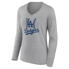 Los Angeles Dodgers Women's Fastball Long Sleeve V-Neck T-Shirt - Gray T-shirts