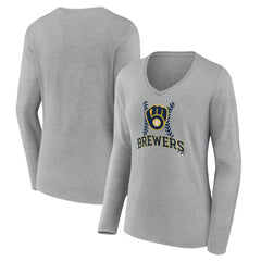 Milwaukee Brewers Women's Fastball Long Sleeve V-Neck T-Shirt - Gray T-shirts