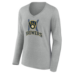 Milwaukee Brewers Women's Fastball Long Sleeve V-Neck T-Shirt - Gray T-shirts