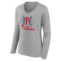 Philadelphia Phillies Women's Fastball Long Sleeve V-Neck T-Shirt - Gray T-shirts