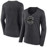 Chicago Cubs Women's Monochrome Long Sleeve V-Neck T-Shirt - Charcoal T-shirts