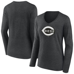 Cincinnati Reds Women's Monochrome Long Sleeve V-Neck T-Shirt - Charcoal T-shirts
