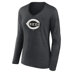 Cincinnati Reds Women's Monochrome Long Sleeve V-Neck T-Shirt - Charcoal T-shirts