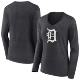 Detroit Tigers Women's Monochrome Long Sleeve V-Neck T-Shirt - Charcoal T-shirts