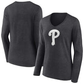 Philadelphia Phillies Women's Monochrome Long Sleeve V-Neck T-Shirt - Charcoal T-shirts