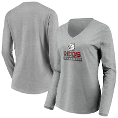 Cincinnati Reds Women's Evanston Stencil Long Sleeve V-Neck T-Shirt - Gray T-shirts