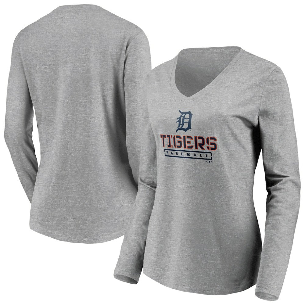 Detroit Tigers Women's Evanston Stencil Long Sleeve V-Neck T-Shirt - Gray T-shirts