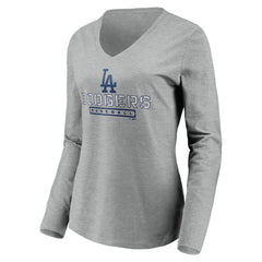 Los Angeles Dodgers Women's Evanston Stencil Long Sleeve V-Neck T-Shirt - Gray T-shirts