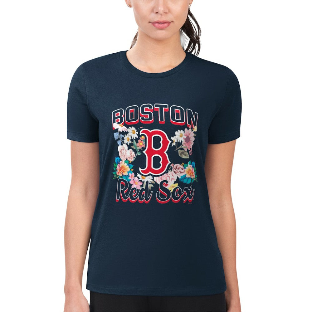 Boston Red Sox G-III 4Her by Carl Banks Women's Super-Slim Fit Lightweight Flowers Graphic T-Shirt - Navy T-shirts