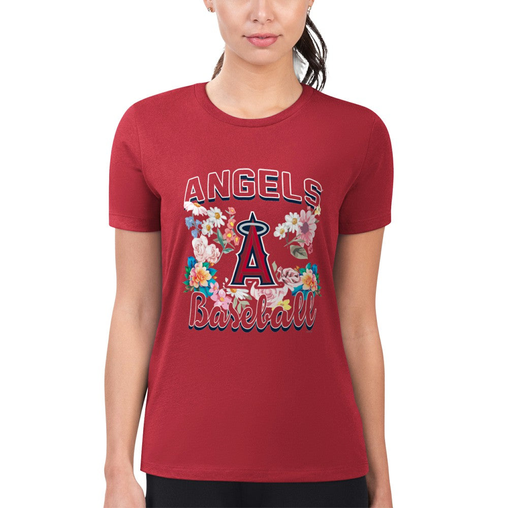 Los Angeles Angels G-III 4Her by Carl Banks Women's Super-Slim Fit Lightweight Flowers Graphic T-Shirt - Red T-shirts