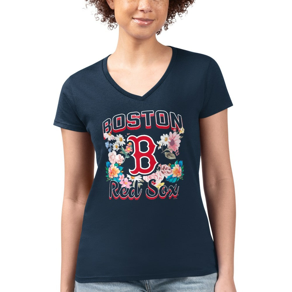 Boston Red Sox G-III 4Her by Carl Banks Women's Super-Slim Fit Lightweight Flowers Graphic V-Neck T-Shirt - Navy T-shirts