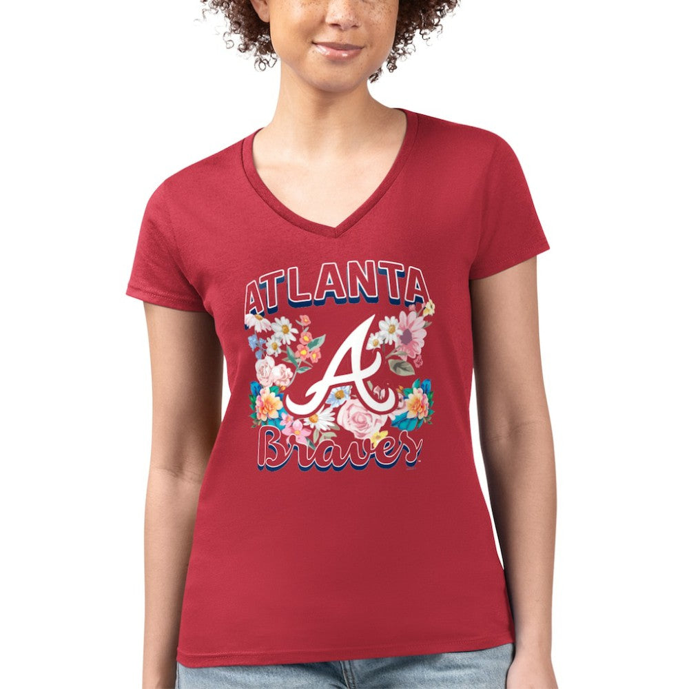 Atlanta Braves G-III 4Her by Carl Banks Women's Super-Slim Fit Lightweight Flowers Graphic V-Neck T-Shirt - Red T-shirts