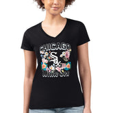 Chicago White Sox G-III 4Her by Carl Banks Women's Super-Slim Fit Lightweight Flowers Graphic V-Neck T-Shirt - Black T-shirts