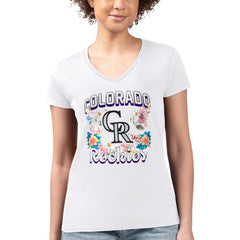 Colorado Rockies G-III 4Her by Carl Banks Women's Super-Slim Fit Lightweight Flowers Graphic V-Neck T-Shirt - White T-shirts
