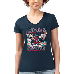 Los Angeles Angels G-III 4Her by Carl Banks Women's Super-Slim Fit Lightweight Flowers Graphic V-Neck T-Shirt - Navy T-shirts