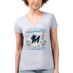 Miami Marlins G-III 4Her by Carl Banks Women's Super-Slim Fit Lightweight Flowers Graphic V-Neck T-Shirt - Heather Gray T-shirts
