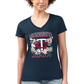 Minnesota Twins G-III 4Her by Carl Banks Women's Super-Slim Fit Lightweight Flowers Graphic V-Neck T-Shirt - Navy T-shirts