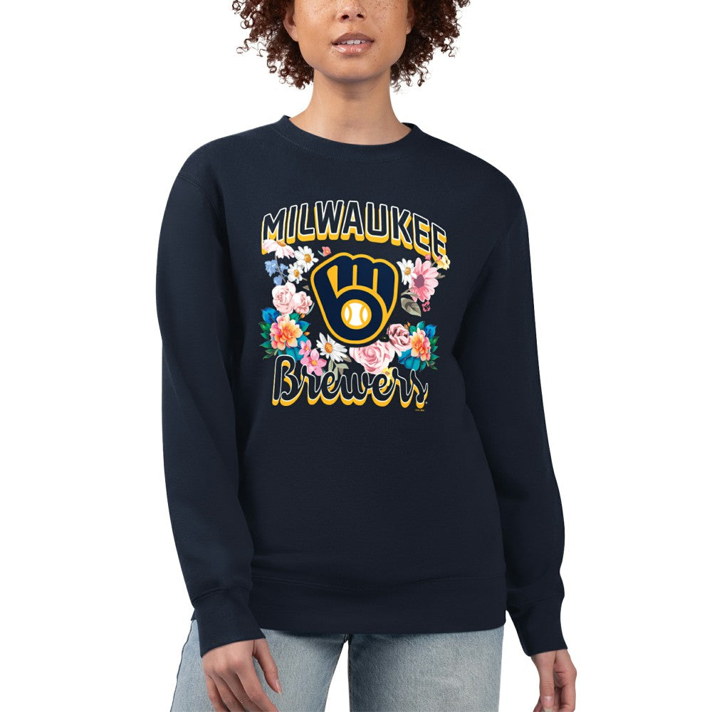 Milwaukee Brewers G-III 4Her by Carl Banks Women's Flowers Graphic Pullover Sweatshirt - Navy Pullover