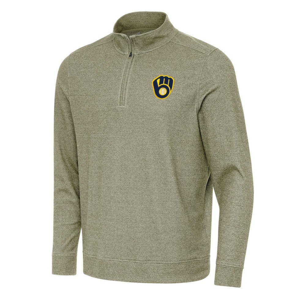 Milwaukee Brewers Antigua Subtle Quarter-Zip Sweatshirt - Heather Olive Sweatshirts