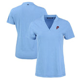 Philadelphia Phillies Cutter & Buck Women's Forge Stretch Blade DryTec V-Neck Polo - Heather Light Blue