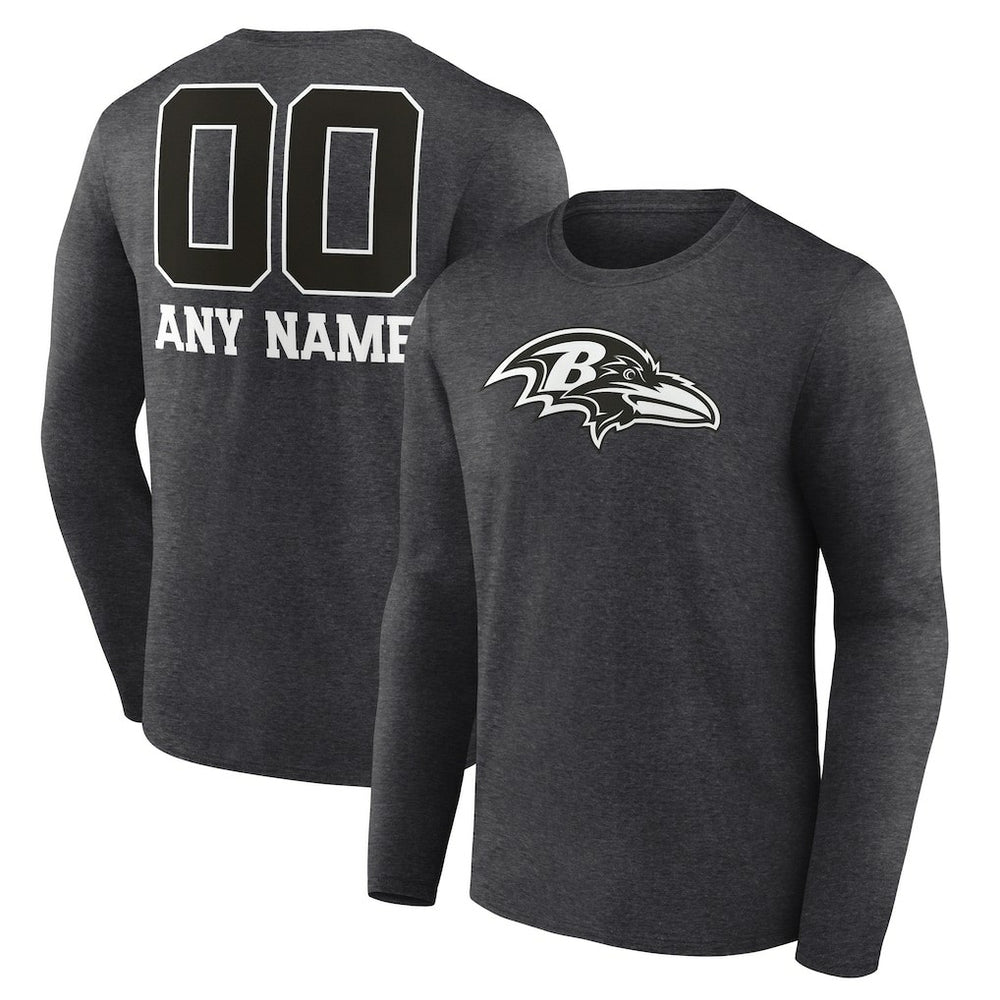 Baltimore Ravens Personalized Name & Number Monochrome Long Sleeve T-Shirt - Charcoal T-shirts