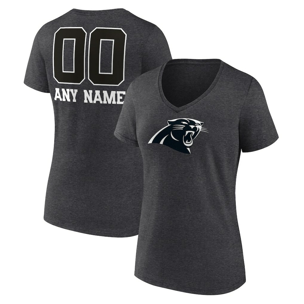 Carolina Panthers Women's Personalized Name & Number Monochrome V-Neck Long Sleeve T-Shirt - Charcoal T-shirts