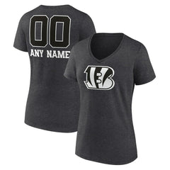 Cincinnati Bengals Women's Personalized Name & Number Monochrome V-Neck Long Sleeve T-Shirt - Charcoal T-shirts
