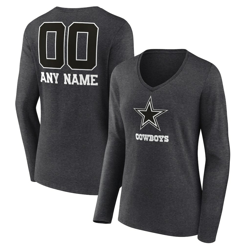 Dallas Cowboys Women's Personalized Name & Number Monochrome V-neck T-Shirt - Charcoal T-shirts
